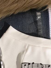 SHEIN Tween Girl Retro Off-The-Shoulder Long-Sleeved Top, Children's Note Printed Slim-Fit T-Shirt, Fashionable And Versatile, Striped Retro Y2k, Textured Fabric, Casual And Versatile, Sisters' Gift, Suitable For Back-To-School Season Clothing, Festival Gift, Spring, Summer And Autumn - White - View 8