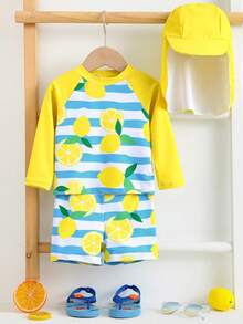 SHEIN 3pcs/Set Baby Boy/Girl Casual Vacation Cute Lemon Stripe Patchwork Rash Guard Swimsuit Set, Long Sleeve Sun Protection Swimwear, Suitable For Spring/Summer/Autumn/Winter Swimming, Surfing, Beach, Hot Spring