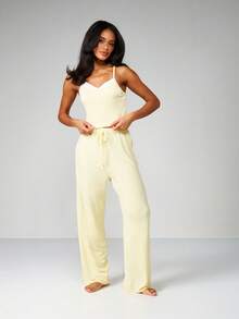 MISSGUIDED Ribbed V Neck Camisole Top And Wide Leg Drawstring Pants Two Piece Lounge Set Sleepwear Pajama Coordinate Outfit - Yellow - View 4