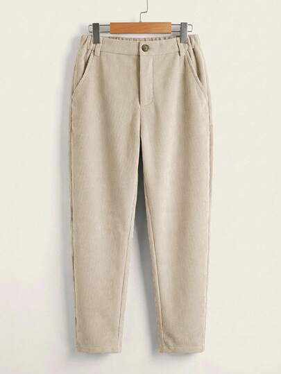 SHEIN Tween Boys Casual Apricot Straight Leg Long Pants With Zipper Closure Everyday Comfortable Fabric Trousers