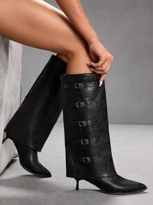 CUCCOO SZL Giày bốt mũi nhọn, cao đến giữa bắp chân, có khóa cài thời trang nữ - màu đen - Xem 2