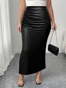 Elenzga Váy da PU xếp ly thiết kế xẻ tà thời trang đa năng cho dự tiệc và công sở cỡ lớn dành cho nữ - màu đen - Xem 4