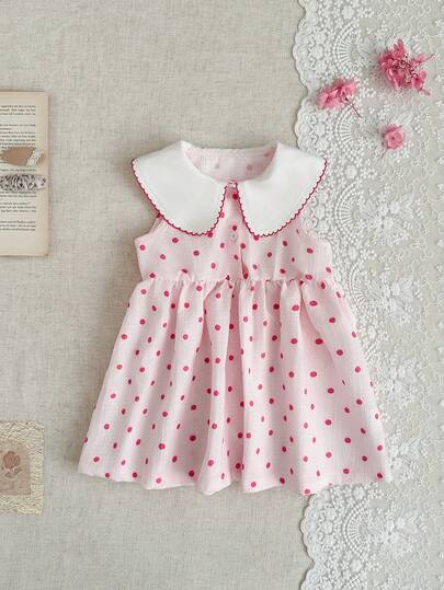 SHEIN Baby Girl Summer Clothing Back To School Season 3M-3Y Pink Sweet Collar Sleeveless Dress Button Front Comfortable & Soft Fashionable Daily Wear Suitable For Spring & Summer Outdoor Wear Ideal As A Gift