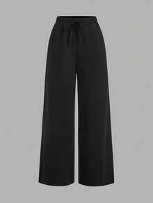 SHEIN EZwear 2件套女士休闲纯色阔腿运动裤 - 紅色 - 查看 8