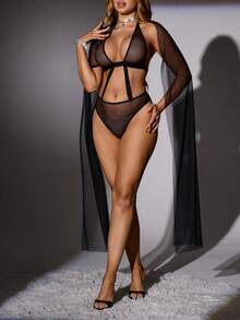 SpicyHot 2pcs Sheer Mesh Sexy Lingerie Set For Women - Black - View 5