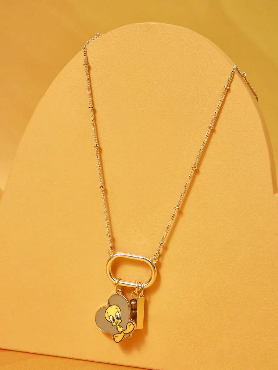 LOONEY TUNES X SHEIN 1条卡通崔弟图案锌合金项链，精致独特，可爱休闲时尚，适合派对、音乐会、节日等场合。