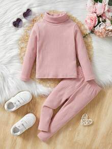 SHEIN 2件套女童纯色针织立领休闲T恤裤套装，白色，冬季女童套装，儿童白色两件套童装 - 粉色 - 查看 3