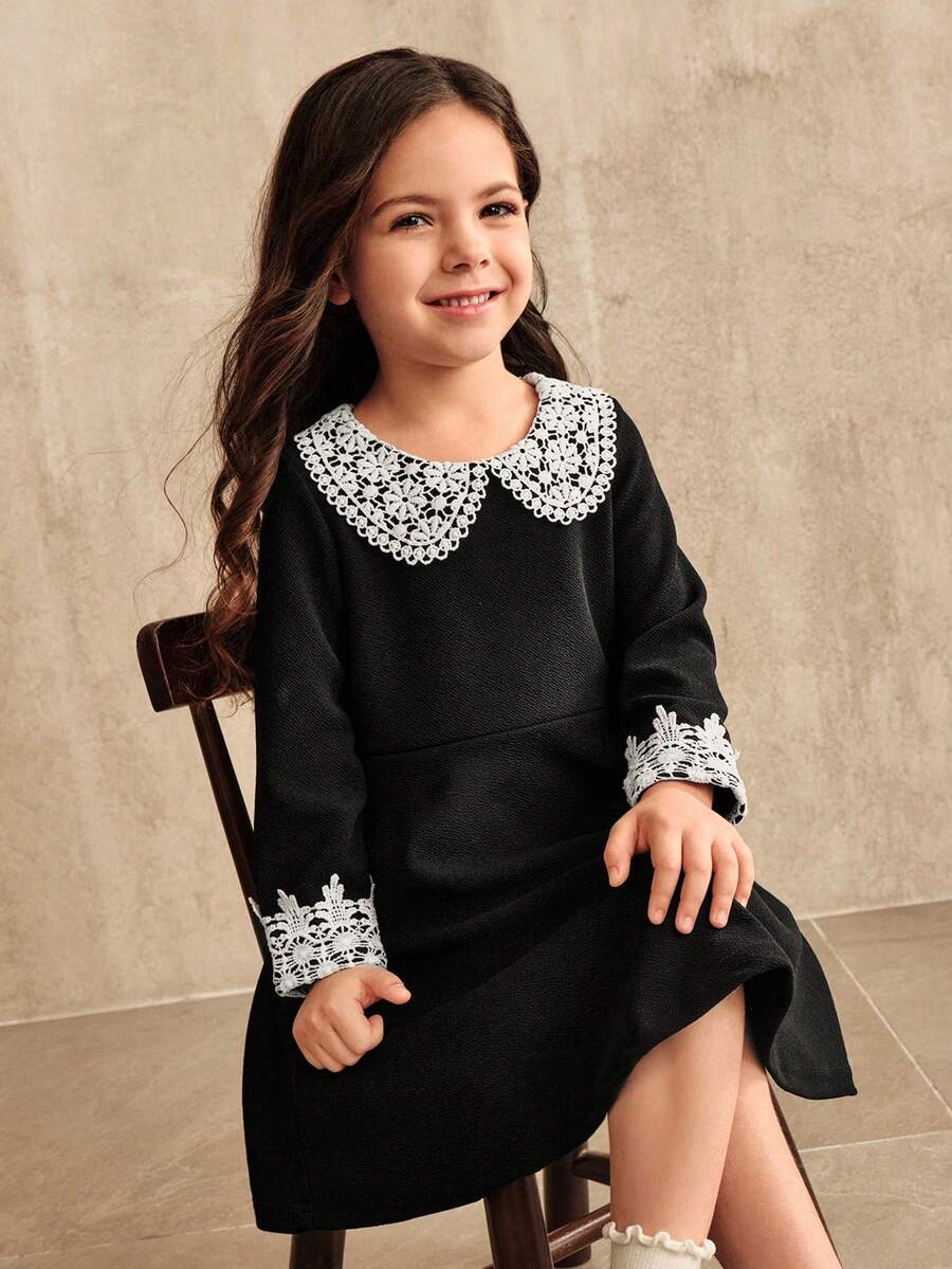 SHEIN Young Girl Contrast Lace Peter Pan Collar Long Sleeve Cute Dress - Black - View 1