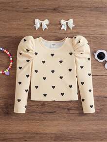 Emery Rose Kids Emery Rose Kids Young Girl Heart Pattern Square Neck Gigot Sleeve Casual T-Shirt - Multicolor - View 8