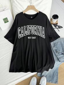 SHEIN EZwear Plus Letter Graphic Drop Shoulder Short Sleeve Tee - Black - View 5