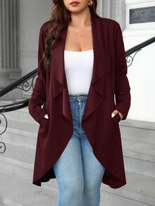SHEIN Clasi 大码女式纯色翻领瀑布领开襟休闲外套 - 紫紅色 - 查看 3
