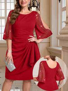 Gownix Đầm tay xẻ viền bèo đính đá sang trọng cỡ lớn cho nữ - Đỏ - Xem 7
