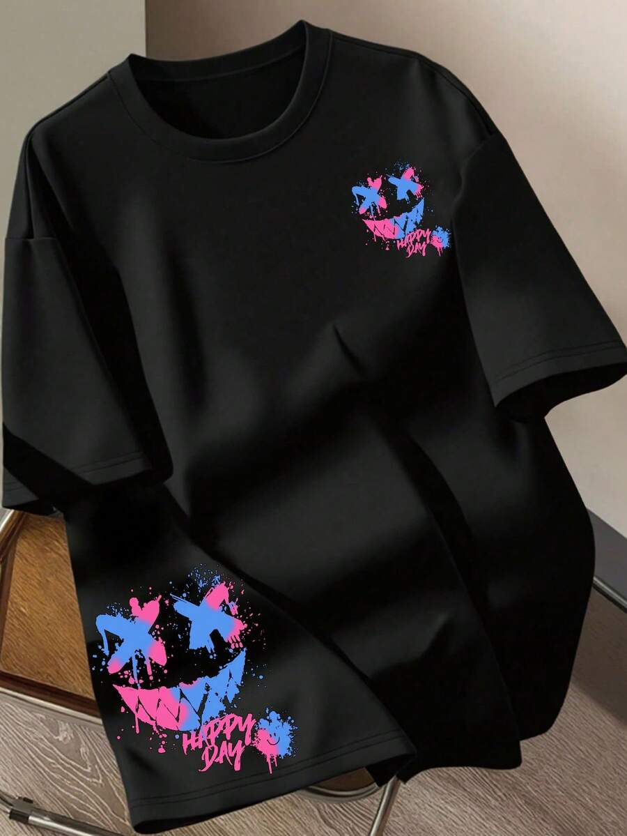 Resyla 女士休闲笑脸印花圆领短袖T恤 - 黑色 - 查看 1