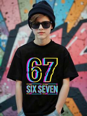 Tween Boy Casual Stylish Funny "67" Graphic Print Round Neck Short Sleeve T-Shirt, Suitable For Outings, Black Short Sleeve Top, "Six Seven" Top Suitable For Summer And All Seasons