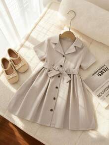 Girls' Solid Color Lapel Short Sleeve Tie Waist Dress - Grey - View 3