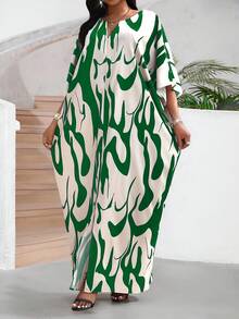 SHEIN Lady Đầm dài vừa phải, dáng rộng, cổ chữ V, tay cánh dơi, họa tiết in toàn thân dành cho nữ khi đi nghỉ - màu xanh lá - Xem 4