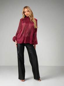 MISSGUIDED Oversized Sheer Blouse With Tie Front Detail And Balloon Sleeves For Elegant Evening Occasions - Burgundy - View 3