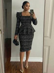 SHEIN Lady 大码女式优雅格子印花方领泡泡袖荷叶边上衣和铅笔裙两件套，适合秋季上班通勤 - 彩色 - 查看 2