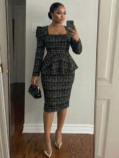 SHEIN Lady Plusstorlek dam Elegant rutigt mönstrat fyrkantigt krage puffärmat peplumtopp och pennkjol 2-delat set, lämpligt för arbetspendling, höst
