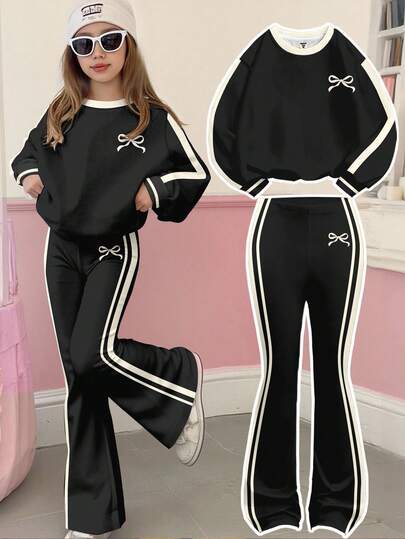 SHEIN 2pcs/Set Tween Girls Casual Thick Loose Fit Crew Neck Sweatshirt With Vintage School Sports Style Bow Decor & Cream Striped Contrast, Bell Bottom Pants, Suitable For Autumn/Winter, Outfits For Easy Comfort, Autumn Layers, Stylish Girls, Casual Wear, Kids Graphic Clothes, Back To School, Fall Clothes, Homecoming