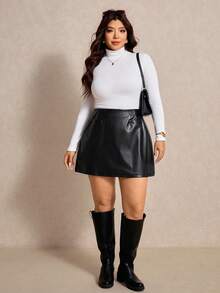 Elaquor Plus Size Solid Color Versatile Casual Daily Fashion Skirt For Spring, Spring For Women - Black - View 5