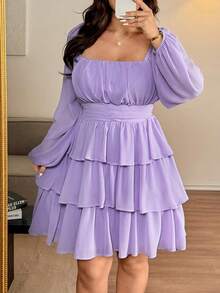 Vionelle 大码女装春秋冬法式浪漫西西里优雅休闲通勤度假下午茶派对纯色方领褶裥腰A字多层下摆弹力灯笼袖短蛋糕裙 - 淡紫色 - 查看 7