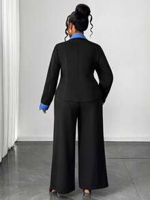 Maweii Ensemble 2 pièces décontracté pour femmes grandes tailles avec veste à double boutonnage à col contrasté et manches longues, et pantalon large