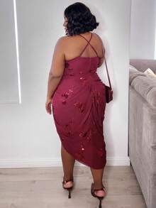 Truni Plus Size Women Floral Sequin Ruffle Draped Neck Side Slit Hem Sexy Elegant Halter Dress, For Winter, For Pear Triangle Body Shape - Burgundy - View 9