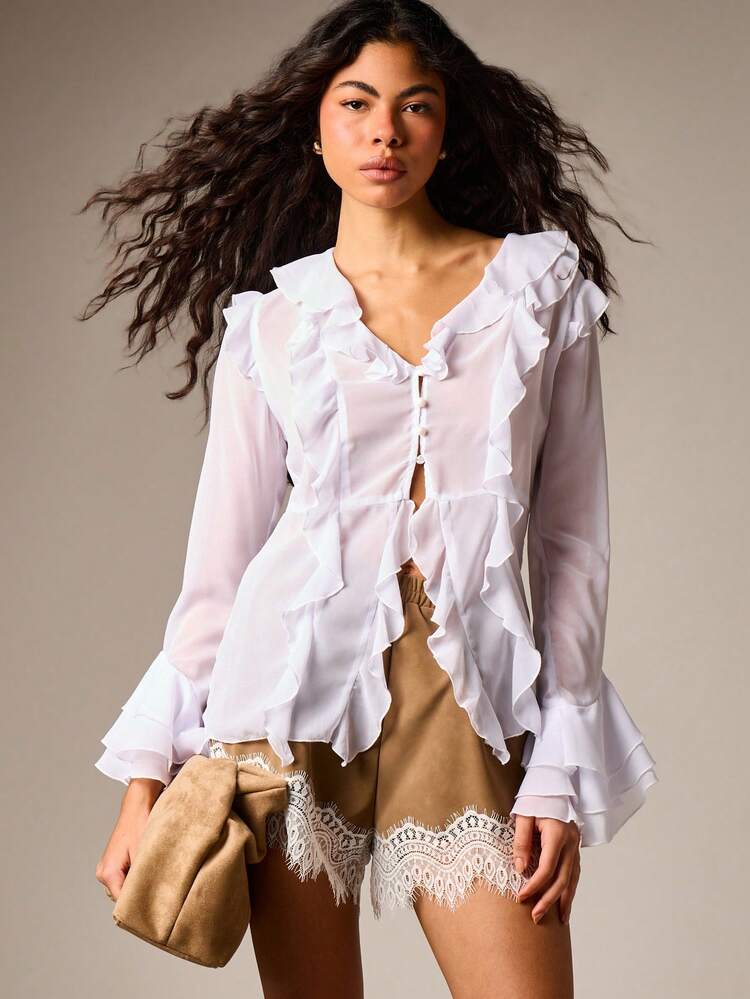 Chiffon Ruffle Blouse With Bell Sleeves