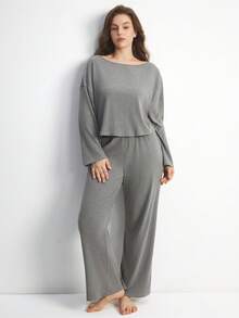 Ocili Plus Size Bohemian Style Casual Solid Color Boat Neck Long Sleeve Washed Knit Top And Pants Pajama Set, Winter Clothes - Black - View 5