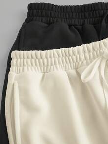 SHEIN EZwear 2件套女士休闲纯色阔腿运动裤 - 杏色 - 查看 5