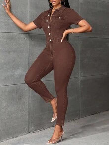 SHEIN Essnce Women's Solid Color Casual Short Sleeve Denim Jumpsuit - Coffee Brown - View 4