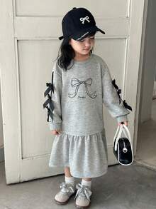 SHEIN 女童休闲蝴蝶印花长袖卫衣连衣裙 - 灰色 - 查看 4