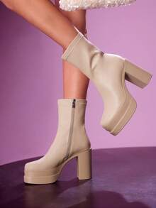 CUCCOO LuxiPop 女士时尚百搭通勤防水厚底高跟中筒靴 - 杏色 - 查看 6