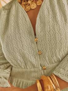 Aralina 蕾丝拼接长袖纽扣荷叶边下摆优雅迷你衬衫裙 - 橄欖綠 - 查看 6