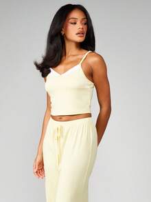 MISSGUIDED Ribbed V Neck Camisole Top And Wide Leg Drawstring Pants Two Piece Lounge Set Sleepwear Pajama Coordinate Outfit - Yellow - View 3