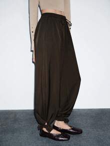 Lumivelle Women's Solid Color Slim Fit Waist Drawstring Pants With Real Pockets, Flared Hem With Bow Tie, Casual & Elegant Office Wear, Spring/Summer/Autumn - Coffee Brown - View 7