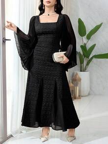 Feyla Women's Solid Color Minimalist Elegant Long Sleeve Square Neck Dress, Casual Everyday Wear Dinner Black Autumn - Black - View 6