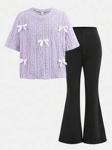 SHEIN Serisse Kids 少女宽松针织提花圆领套头衫和喇叭裤两件套 - 淡紫色 - 查看 11