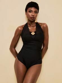 SHEIN Veneréa Costume da bagno elegante da donna in rete con decorazione in metallo a conchiglia, colore nero, adatto per vacanze estive e spiaggia - nero - Visualizzare 4