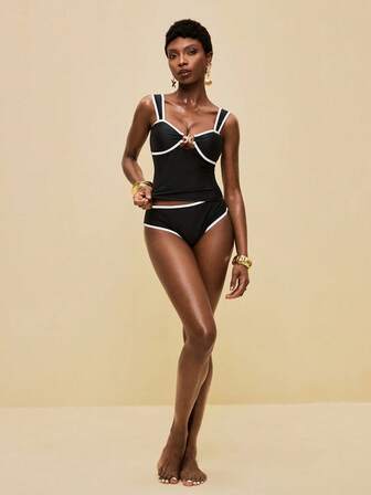 SHEIN Veneréa 2件套女士纯色夏季度假加粗肩带吊带背心和比基尼套装，沙滩装