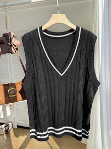 SHEIN EZwear 秋冬加条纹麻花针织毛衣背心（不含衬衫）