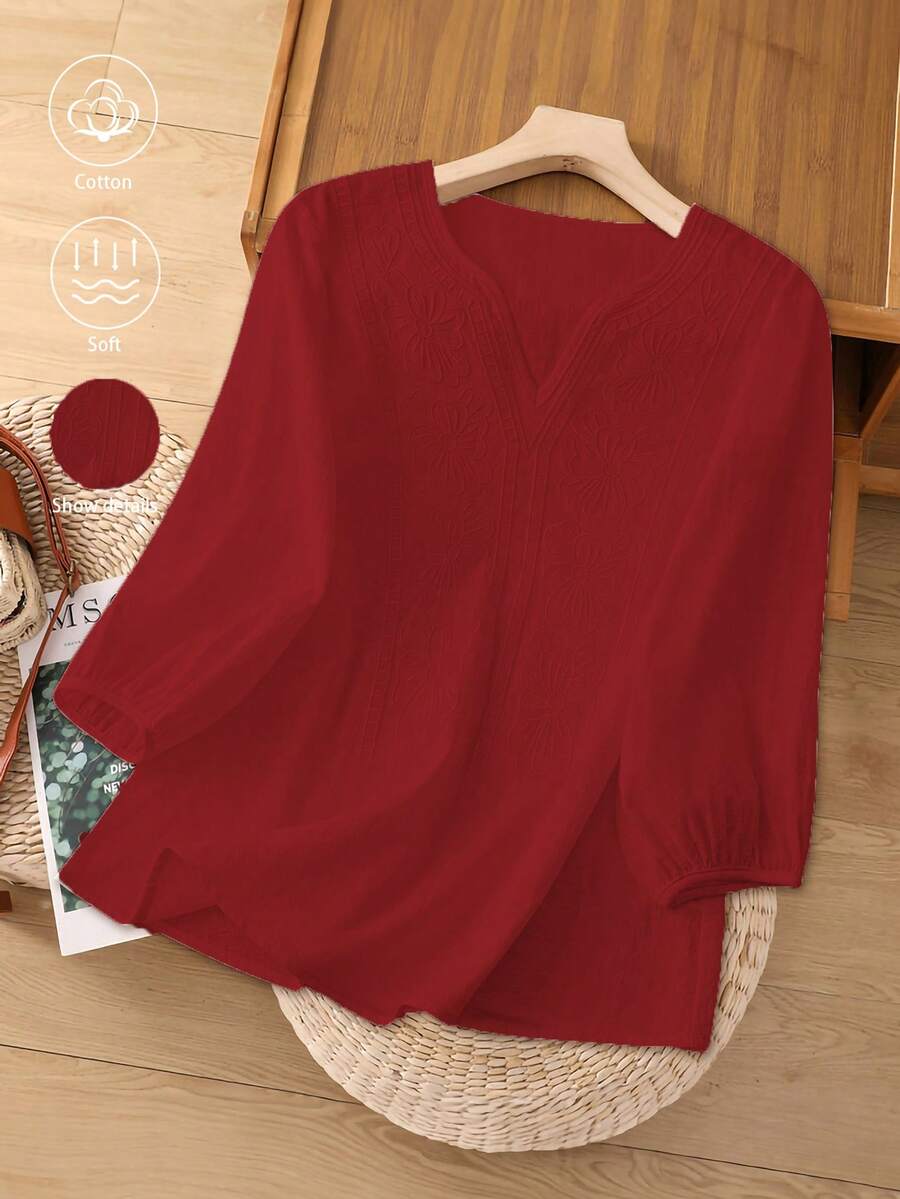 GlowEve Áo cánh tay ngắn thêu cổ chữ V màu trắng dành cho nữ - Màu Hoa hồng đỏ - Xem 1