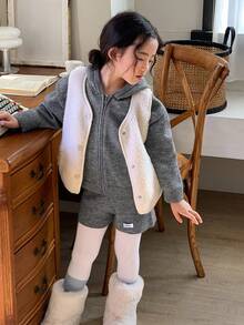 DAZY Young Girl' Hooded Solid Color Knitted Sweater And Knitted Shorts Set - Grey - View 5