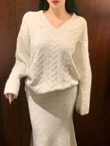 DAZY Women V-Neck Long Sleeve Cable Knit Twist Sweater & Skirt 2 Pieces Set - Beige - View 2
