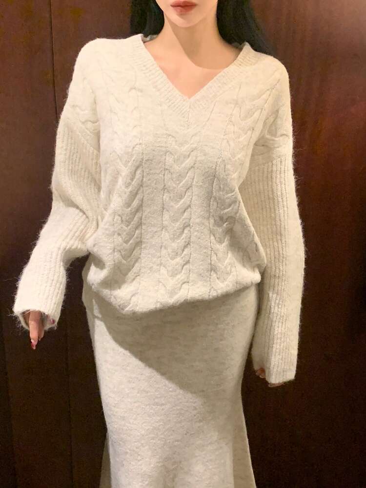 Women V-Neck Long Sleeve Cable Knit Twist Sweater & Skirt 2 Pieces Set