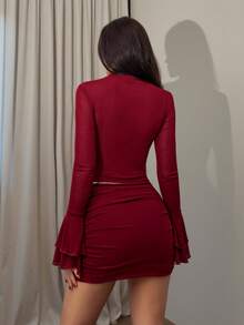 Siren Gaze 2025年情人节红色优雅透视紧身迷你连衣裙（女款） - 酒紅色 - 查看 2
