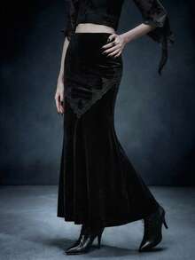 Glisette 女式朋克风格黑色性感紧身蕾丝拼接天鹅绒鱼尾长裙 - 黑色 - 查看 2