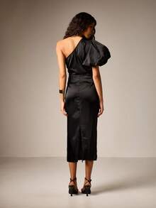 AiiRZ One Shoulder Puff Sleeve Midi Dress Satin Finish Bodycon Formal Evening Party Ruched Waist Detail Fall Winter Wedding Guest Prom - Black - View 2