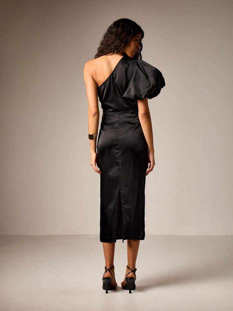 AiiRZ One Shoulder Puff Sleeve Midi Dress